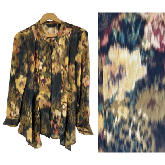 Investments Blouse Top Button Up Watercolor Floral Animal Print Romantic Boho M - Picture 1 of 14